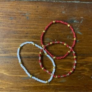 Elegant Beaded Bracelet Set - Red, Gold, and White